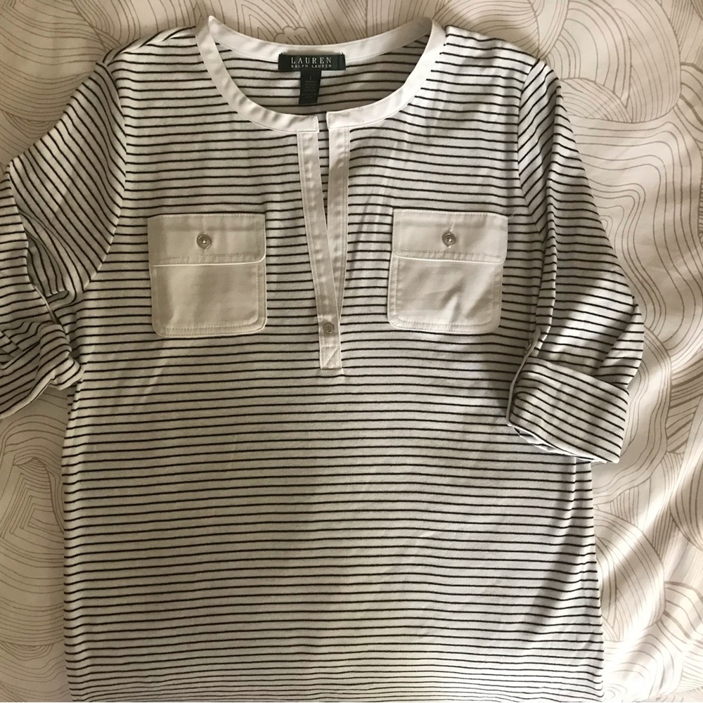 Lauren by Ralph Lauren Black and White Striped Button Down Shirt!